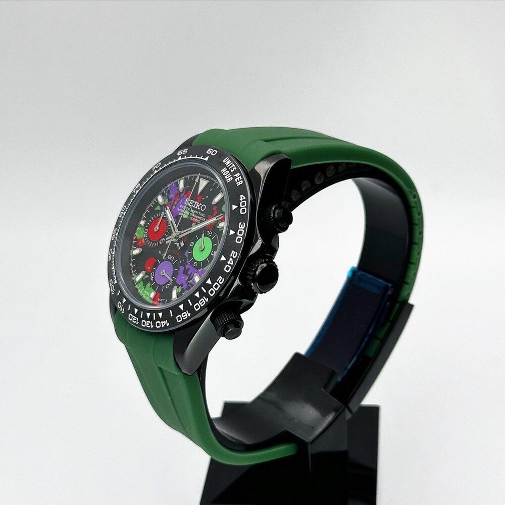 Custom Seiko Mod • Black Green Splash Daytona vk63 • 39.5mm - E&S